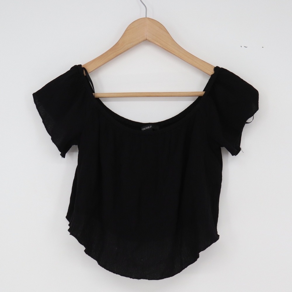 Forever 21 Crop Top Womens S Off The Shoulder Black Flutter Sleeve Excellent
